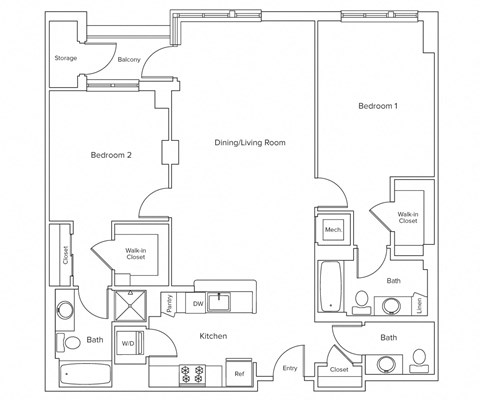 Floor plan for 2 beds, 2.5 baths, 1274 sqft